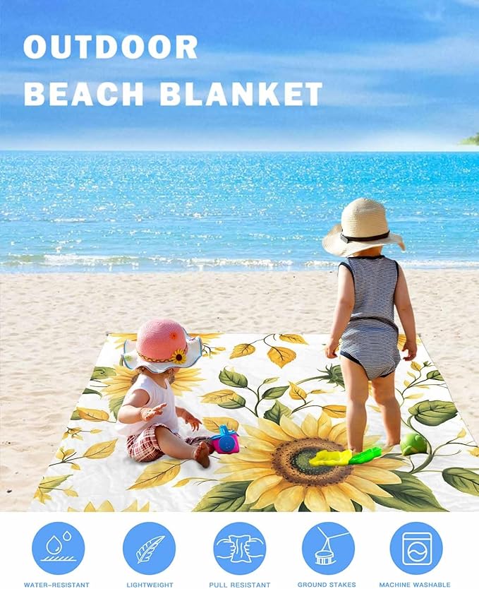 Beach Blanket Waterproof Sandproof Picnic Blanket 108x84 Foldable Beach Mat with Sunflower Watercolor Spring Flowers Pastoral Pattern for Camping Park Grass Beach Travel