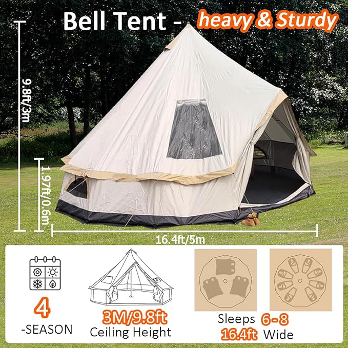 Backpacking Bell Tent with Top Stove Jack for All Year Living 300D Oxford Waterproof Yurt Tents House for Camping Glamping Parties Outdoor Events-13/16.4FT