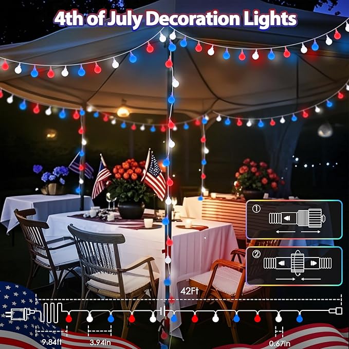 Connectable Red White and Blue String Lights Outdoor Indoor 42FT 100LED 4th of July Decorations Plug in with Timer 13 Modes Patriotic Globe Waterproof Fairy Lights for Independence Day Memorial Day