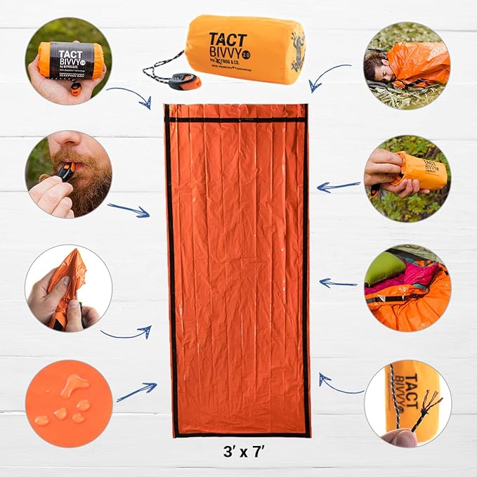 Survival Frog Tact Bivvy 2.0 Emergency Sleeping Bag with Stuff Sack Carabiner &amp Survival Whistle – Compact Lightweight Waterproof Reusable Thermal Bivy Sack Shelter Kit