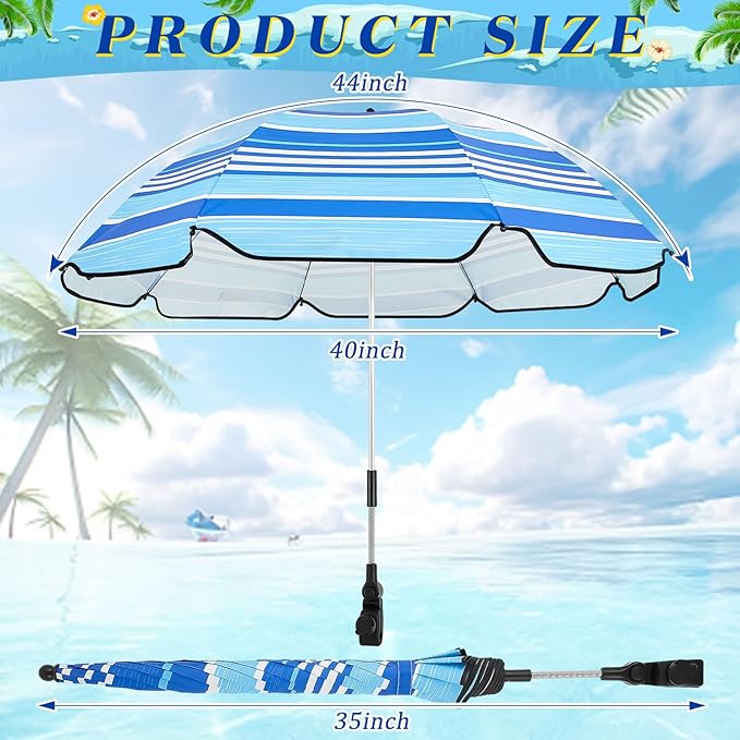 Buryeah 2 Pcs Automatic Chair Umbrella with Universal Clamp 44 UPF 50+ Portable Clamp on Beach Chair Adjustable Wheelchair Umbrella for Outdoor Patio Parasol