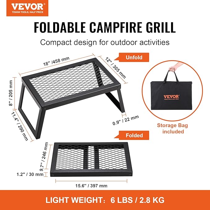VEVOR Folding Campfire Grill 18 Portable Camping Grates Over Fire Pit Heavy Duty Steel Mesh Grate Camp Fire Cooking Equipment with Legs Carrying Bag Grilling Rack for Outdoor Open Flame Cooking