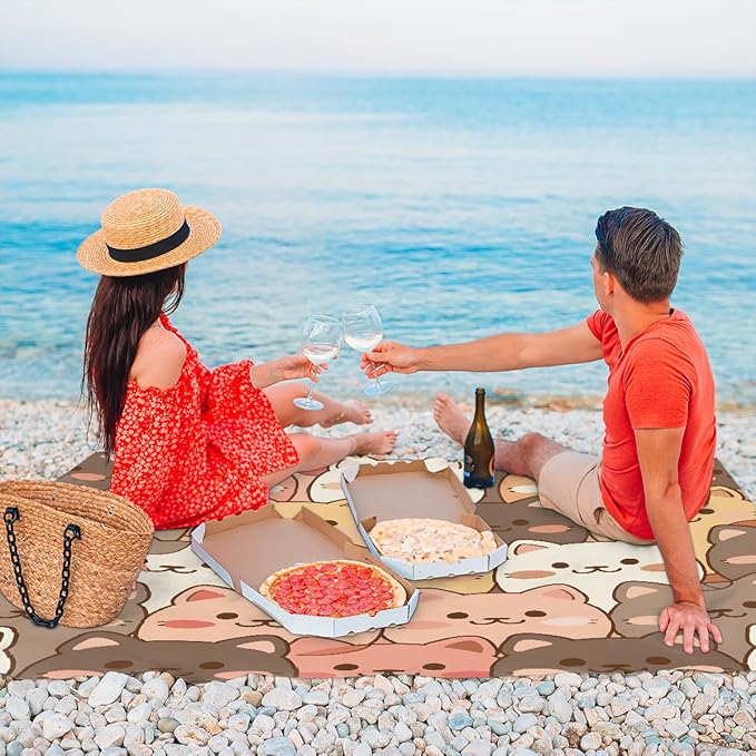 Waterproof Sandproof Beach Blanket 59''×68'' Cute Cats Polyester Outdoor Picnic Blanket with 4 Stakes &amp Storage Bag for BeachCampingVacation Multi-Color