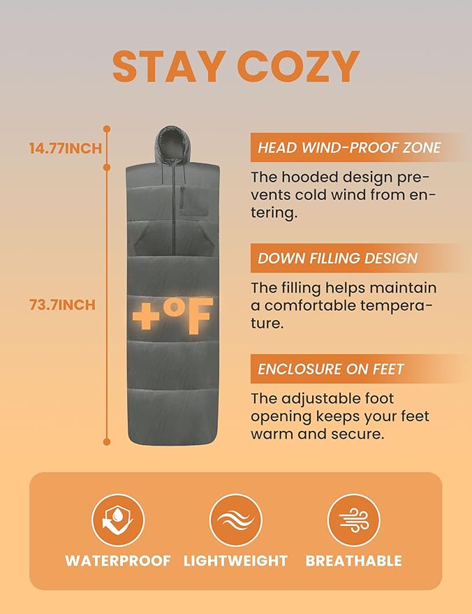 Adult Wearable Sleeping Bag with Hoodie Sleeveless Design Adjustable Drawstring Waterproof Wearable Sleeping Bag Ideal for Camping Cold Weather