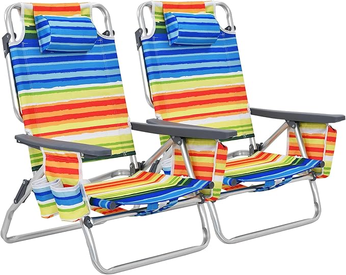 GYMAX Beach Chairs Backpack Camping Chair with Armrest Cooler Bag Cup Holder Towel Bar &amp Side Pockets Sunbath Sling Tanning Lounge Folding Layout Chair (Without Table Yellow Stripe)