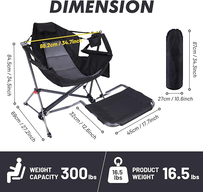 CDEN Hammock Chair with Footrest Swinging Camping Chairs Rocking Camping Chair with Detachable Footrest Cup Holder Side Pocket Armrest Foldable for Picnic Travel Festival (Black 1 Pack)