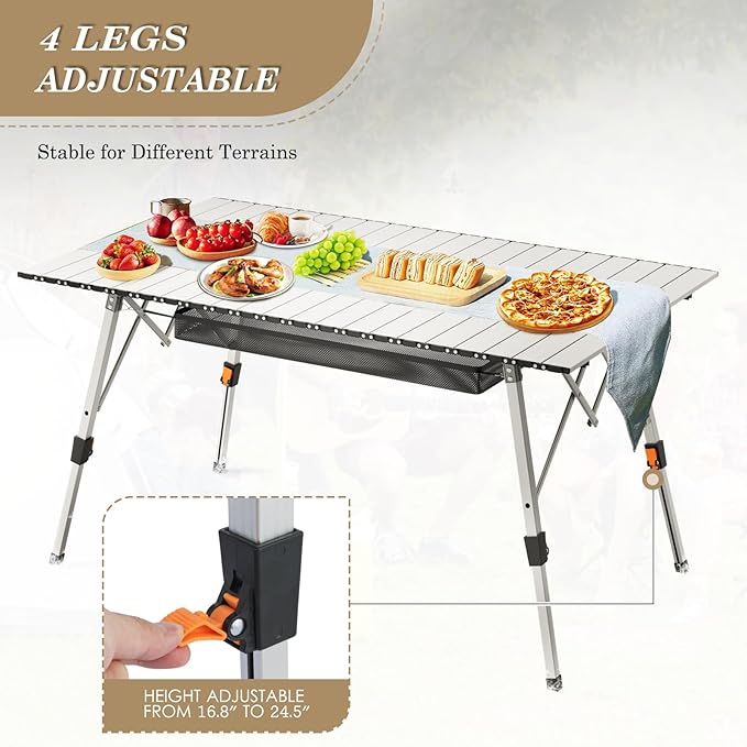 Athena Collection Foldable Camping Table 47 Aluminum Outdoor Folding Camp Table with Mesh Layer Telescopic Legs and Carry Bag Lightweight and Portable for Outdoor Camping Picnic Grilling Silver