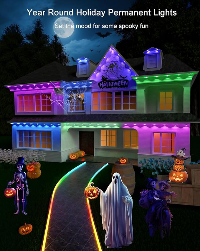 Permanent Outdoor Lights 100ft RGB+IC with 72 Smart AI Eave Lights with Remote APP Control DIY LED Color Individual Christmas Outdoor Light Party Compatible with Alexa Google Assistant