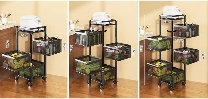 JITUIHOM Kitchen Rack Floor-to-Ceiling Multi-Layer Kitchen Storage Shelf Rotating Basket Drawer Rolling Trolley Fruit and Vegetable Rack(Square 4 Tier Black)
