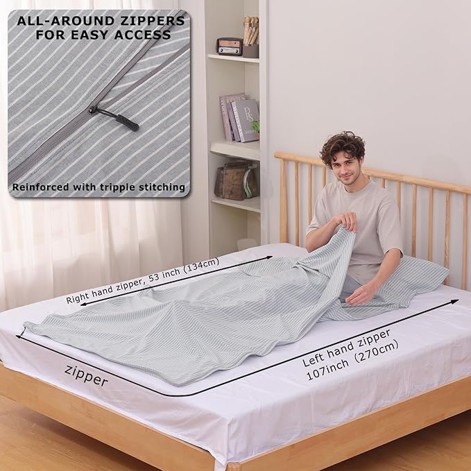 100% Cotton Sleeping Bag Liner with Full Length Zipper on 3 Sides Single/Double Adult Sleep Sack for Travel &amp Camping Multifunctional Travel Sheets (Unzipped 87”x87”) for Hotel Lightweight