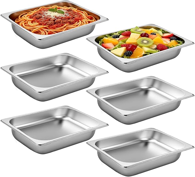 6 Pack Hotel Pans Half Size 1/2 Size 2.5 Inch Deep Stainless Steel Steam Table Pan Catering Food Storage Metal Pan Metal Food Pans for Home Party Hotel Buffet Restaurant