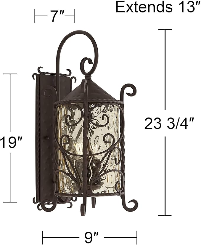 John Timberland Casa Seville Rustic Outdoor Wall Light Fixture Lantern Dark Walnut Iron Scroll 23 3/4 Hammered Glass Decor for Exterior House Porch Patio Outside Deck Garage Front Door Home