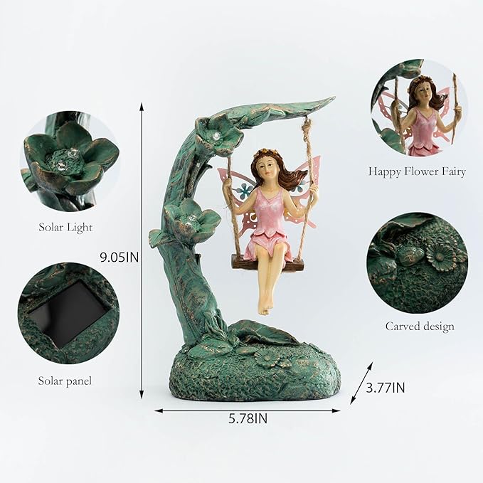Garden Flower Fairy Outdoor Statue Decor Funny Swing Fairy Ornaments Figurines for Patio Lawn Yard Porch Outside Garden Gifts9.05 Inches Tall ﻿ ﻿ ﻿