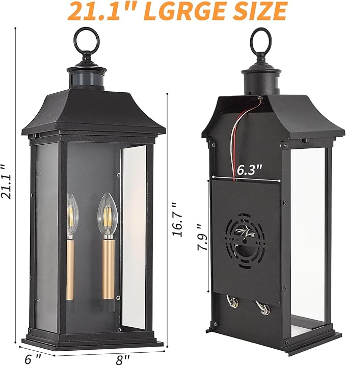 Dusk to Dawn Motion Sensor Outdoor Wall Lantern 2-Light21.1 Large Exterior Wall Sconce LightingModern Black Wall Light Fixture with Glass Waterproof Exterior Lamp for Patio House Porch Garage