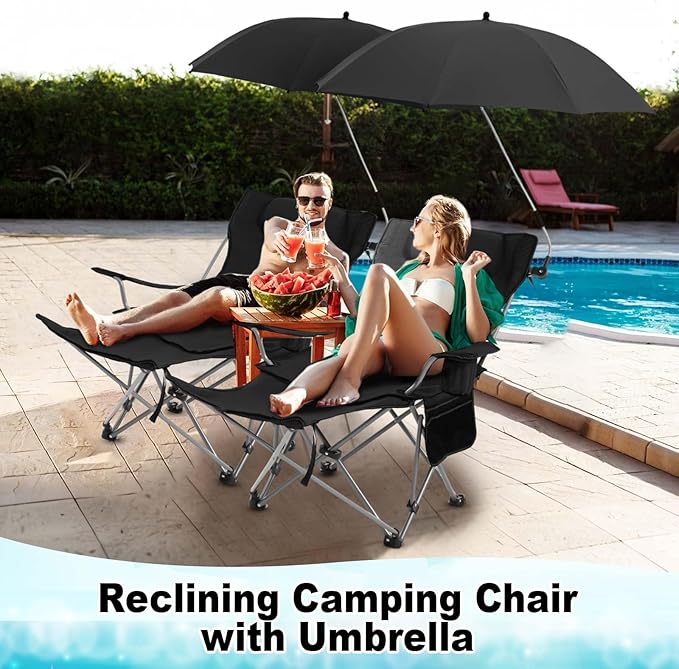 2 Set Reclining Camping Chair with Umbrella for Adult Folding Camping Chair with Foot Rest Adjustable Clamp Canopy Shade SPF 50+ Lounger for Outdoor Spring Summer Travel (BlackOxford)