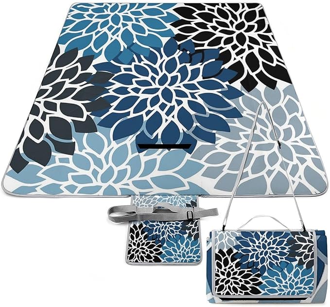 Dahlia Pinnata Flower Floral Blue White Waterproof Outdoor Picnic Blanket Sandproof Beach Mat for Camping Hiking Grass Travelling