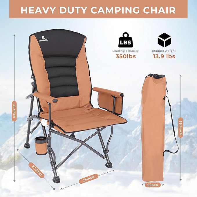 Camping Chairs for Adults Adjustable Backrest Heavy Duty Oversized Folding Camping Chair Supports 350lbs for Outside with Cup Holder&ampSide Pocket Outdoor Folding Camp Chair with High Back (Brown)