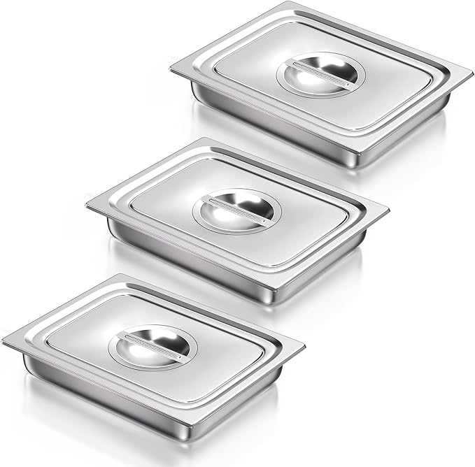 WantJoin Steam Table Hotel Pans with Lid 1/2 Half Size 2.5 Inch Deep 3 Pack Thickened Stainless Steel Metal Tray Set Food Storage Container Restaurant Chafing Dishes Commercial Buffet Warmer