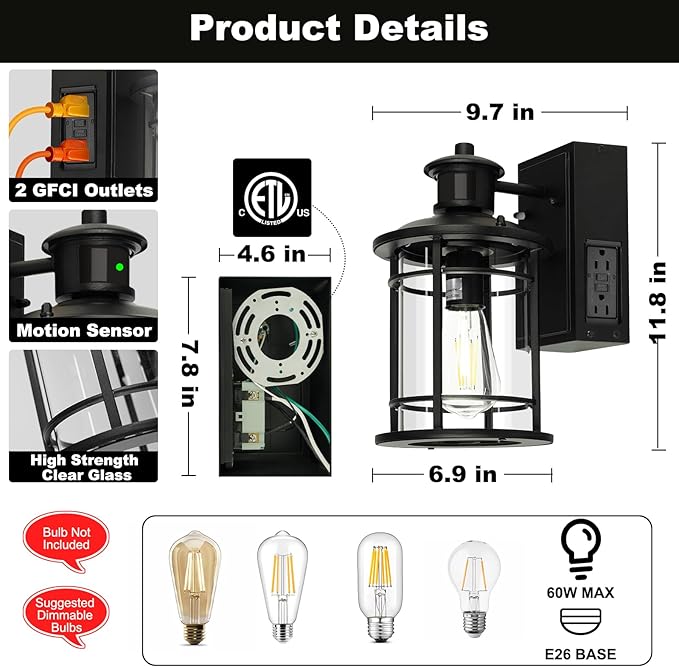 OKELI Retro Industrial Black Outdoor Wall Lights with GFCI Outlet - Dusk to Dawn &amp Motion Sensor Porch Light 3 Modes Waterproof Anti-Rust Exterior Sconce for PorchGarage Patio House