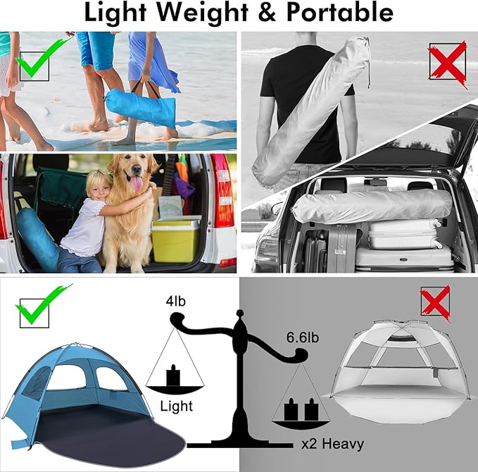 WhiteFang Beach Tent Anti-UV Portable Sun Shade Shelter for 3 Person Extendable Floor with 3 Ventilating Mesh Windows Plus Carrying Bag Stakes and Guy Lines (Blue)