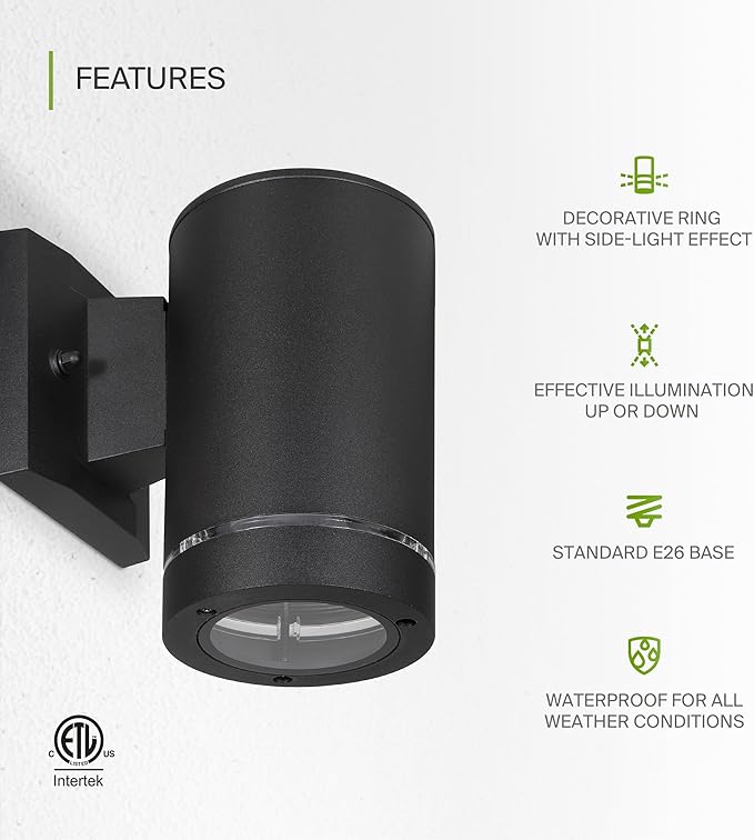 ASD 1 Light Outdoor Wall Light Fixture | 60W E26 Bulb Socket 120V ETL Cylinder Up Down Lights | LED/CFL/Incandescent Bulb Exterior Wall Sconce | Front Door Porch Patio Lighting | Ringed Black 2 Pack