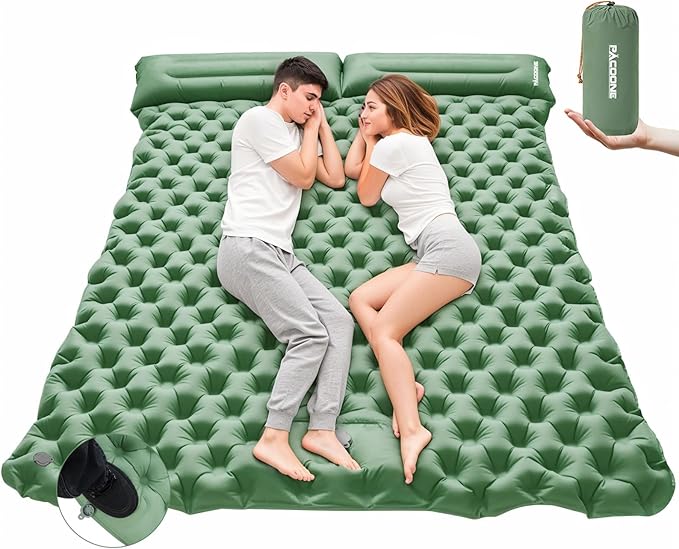 Camping Double Sleeping PadUltralight Self Inflating Sleeping Mat for 2 Person with Pillow Built-in Foot PumpPortable Camping Air Mat for Backpacking Hiking Traveling Tent(Green)