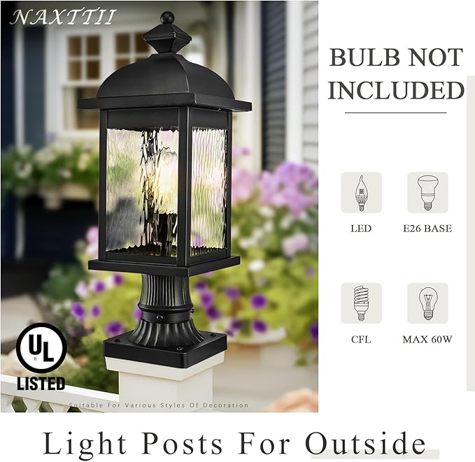 Outdoor Post Lights 21 Inch Height Large Size Lamp Post Outdoor Lighting Black Porch Lights Outdoor Pillar Lantern with Water Ripple Glass for Garden Backyard Walkway and Pathway