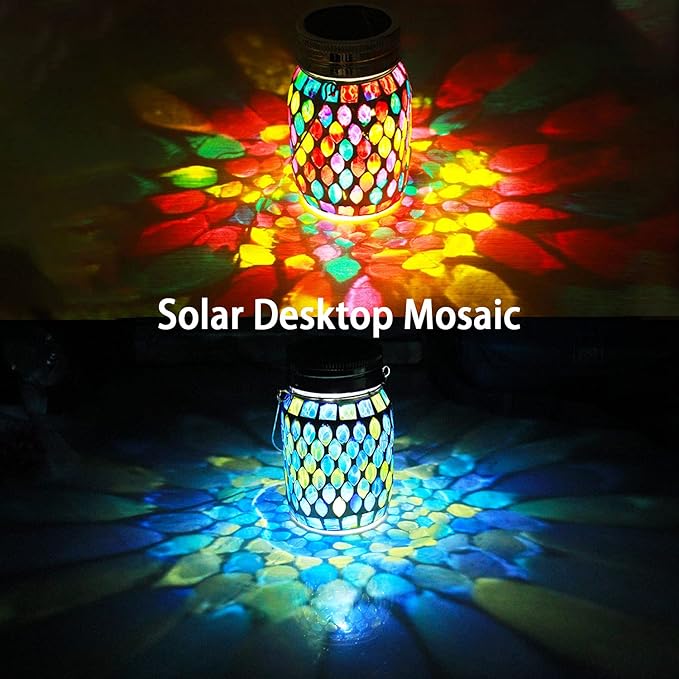 2 Pack Solar Outdoor Mosaic LanternSolar Lights Outdoor Hanging Lanterns Rechargeable Waterproof Table lamp Mosaic Night Light for Garden Patio Party Yard Outdoor/Indoor Decorations