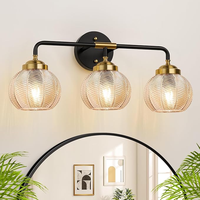 Bathroom Light Fixtures 3-Light Amber Vanity Lights with Unique Leaf Texture Glass Shade Modern Matte Black and Gold Bathroom Wall Lamp for Mirror Hallway Cabinet Living Room