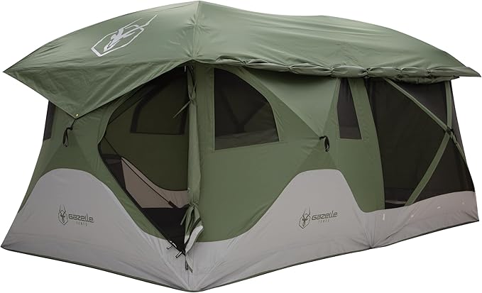 Gazelle Tents™ T4 Tandem Hub Tent Easy 90 Second Set-Up Waterproof UV Resistant Convertible Screen Room Removable Floor 4-8 Person Alpine Green 78 x 94 x 165 GT450GR