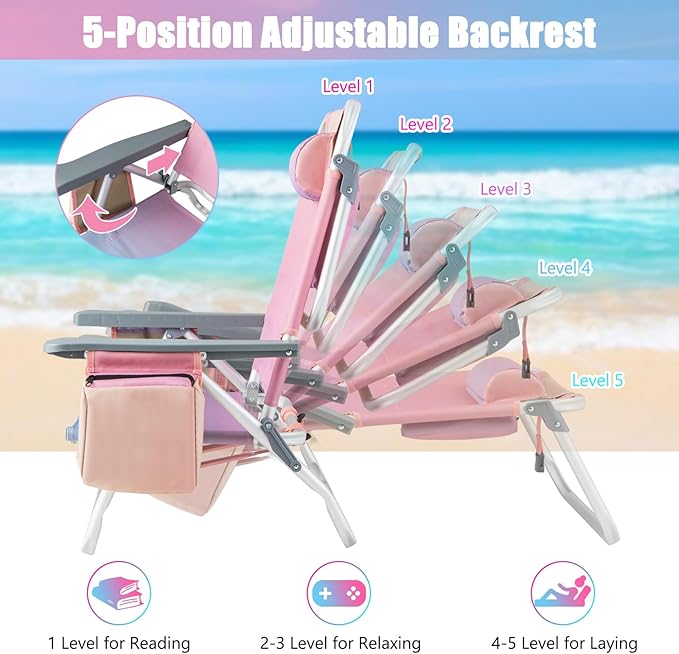 GYMAX Beach Chairs Backpack Camping Chair with Armrest Cooler Bag Cup Holder Towel Bar &amp Side Pockets Sunbath Sling Tanning Lounge Folding Layout Chair (with Table Pink)
