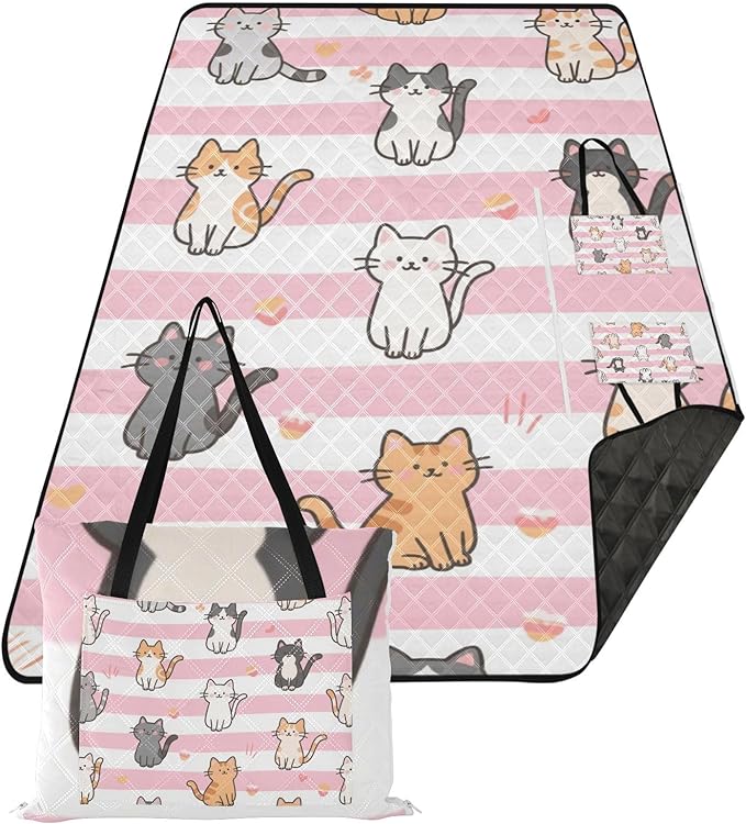 KLL Pink White Stripes Cartoon Cat Waterproof Picnic Essentials Packable Hiking Camp Rug for Ground Spring Gifts manta para picnic campo