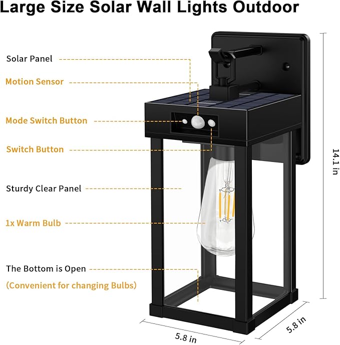 Auzev Outdoor Solar Wall Lights Fixtures Exterior Solar Lantern Lights With Clear Panel Motion Sensor 3Lighting Modes Modern Sconce Waterproof Outside Lamp for House Garage (Black-1P)