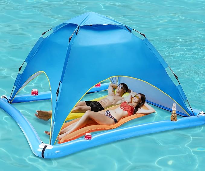 Sun Shade Sails for Swimming Pool2 Person Automatic Pop Up Pool Spa Sun ShelterUPF 50+ UV Protection and Waterproof Floating Shade Tent for Pool and Lake with Carry Bag (Blue New)