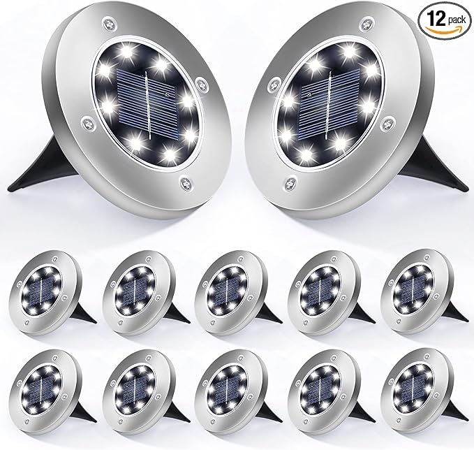 Aogist 12 Pack Solar Disk Lights - 8 LED In-Ground Outdoor Landscape Lights for Pathway Yard Walkway Patio Lawn Path (Cold White)