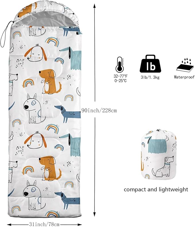 Kids Sleeping Bag for Boys GirlsCute Puppy Print-Lightweight Warm Portable Outdoor Indoor-Waterproof Cold Weather Resistant Sleeping Bag for Camping Hiking