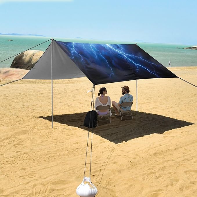 Blue Lightning Black Beach Tent Sun Shelter 9.2' x 10.5' Beach Canopy with 4 Sandbags 4 Stability Poles Sand Shovels - Tent Canopy for Beach Camping Fishing Picnics