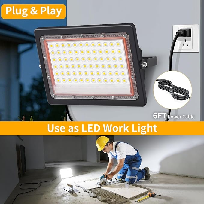 60W LED Flood Light Outdoor with 6ft Plug 7200LM Brighter Exterior Security Lights 5000K Daylight Floodlights IP66 Waterproof for Yard Garage Workshop Lawn 2 Pack
