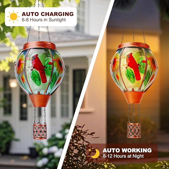 Solar Hot Air Balloon Lantern with Flame Cardinal Glass Solar Hanging Lights Outdoor Yard Patio Farmhouse Decoration Cardinal Gifts for Women Grandma Mom(4 Pack)