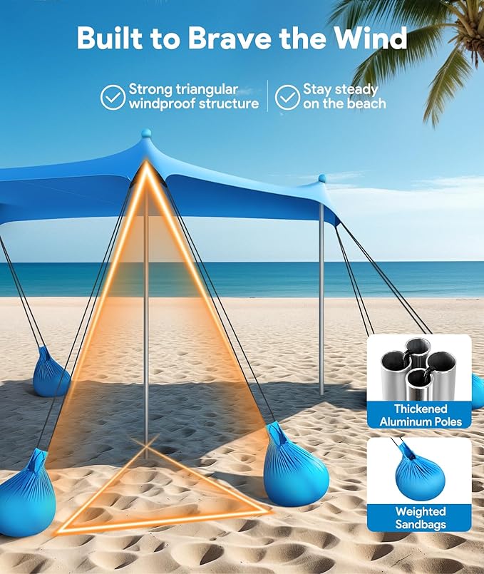 Beach Tent Sun Shelter 10 x 10 FT Beach Canopy Tent Sun Shade UPF50+ Tents Canopy with 8 Sandbags &amp 4 Stability Poles Outdoor Tents for Camping Fishing Sky Blue