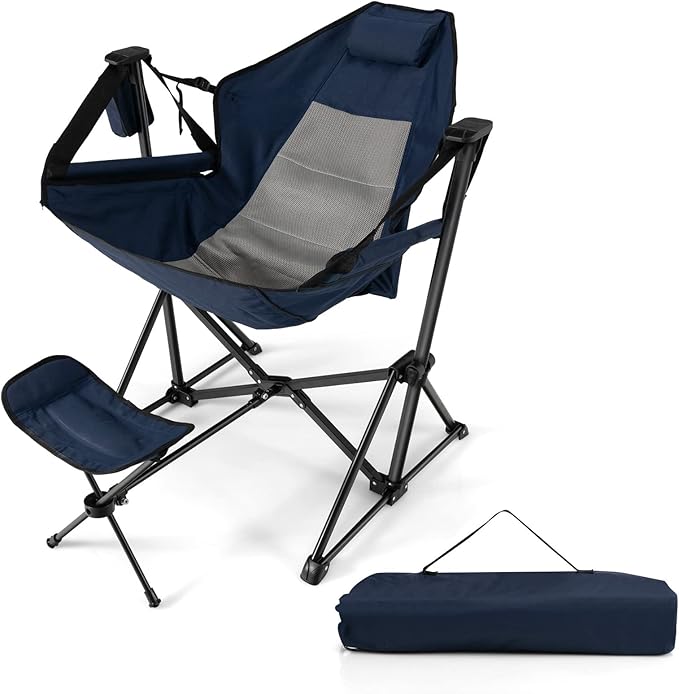 COSTWAY Folding Camping Chair Portable Beach Chair with Retractable Footrest Adjustable Back Cup Holder &amp Carry Bag Outdoor Lawn Patio Chair for Camping Fishing Hiking (Navy 1 Pack)