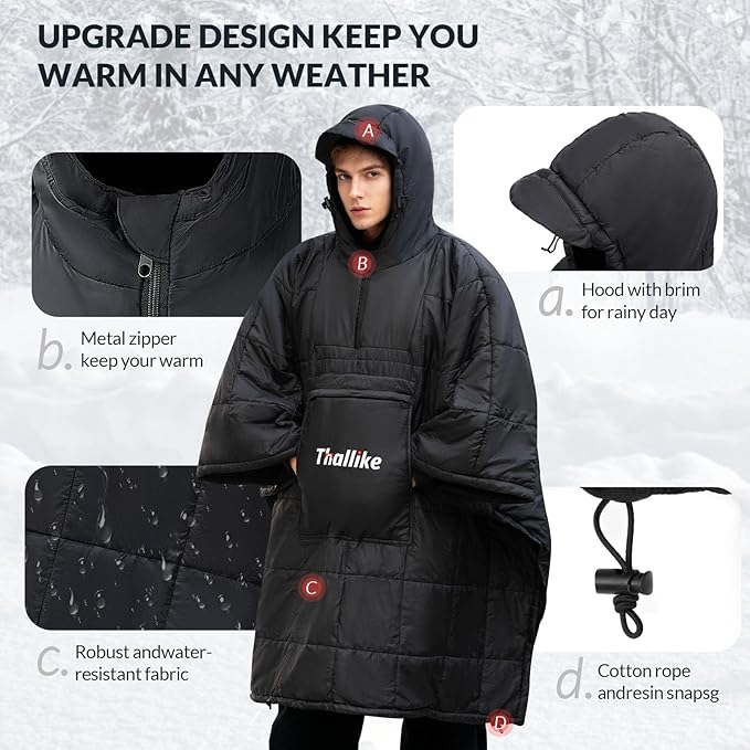 Camping Blanket with Zipper Pocket 85'' x 61'' Large Wearable Hooded Blanket Ultralight Warm Sleeping Bag Windproof Camping Poncho for Outdoor Stadium Sports Gaming Hiking Picnic Concerts