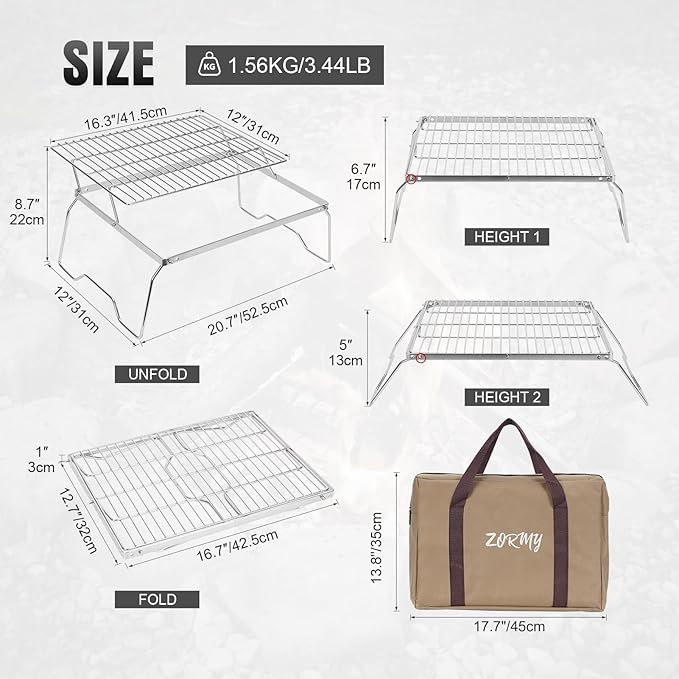 ZORMY 17 Large Folding Campfire Grill 304 Stainless Steel Firepit Grill Grate Heavy Duty Portable Camping Grill with Carrying Bag Gas BBQ Grill Grate for Backpacking Hiking Picnics (Double)