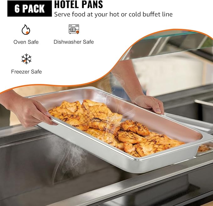 VEVOR Hotel Pans Full Size 2.5 Inch Deep Steam Table Pans 6 Pack0.8mm Thick Stainless Steel Hotel Pan Anti Jam Steam Table Pan for Home Party Restaurant Hotel Buffet