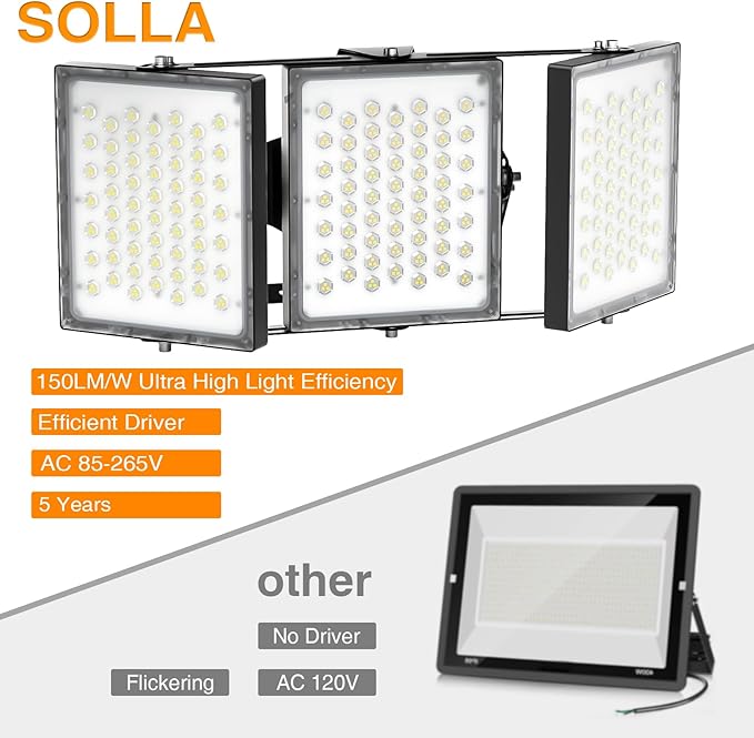SOLLA 2025 Elite New Upgraded LED Flood Light Outdoor 300W 2 Pack 45000lm Stadium Flood Lights 5000K IP66 Waterproof Adjustable Adjustable Floodlight for Street Parking Lot