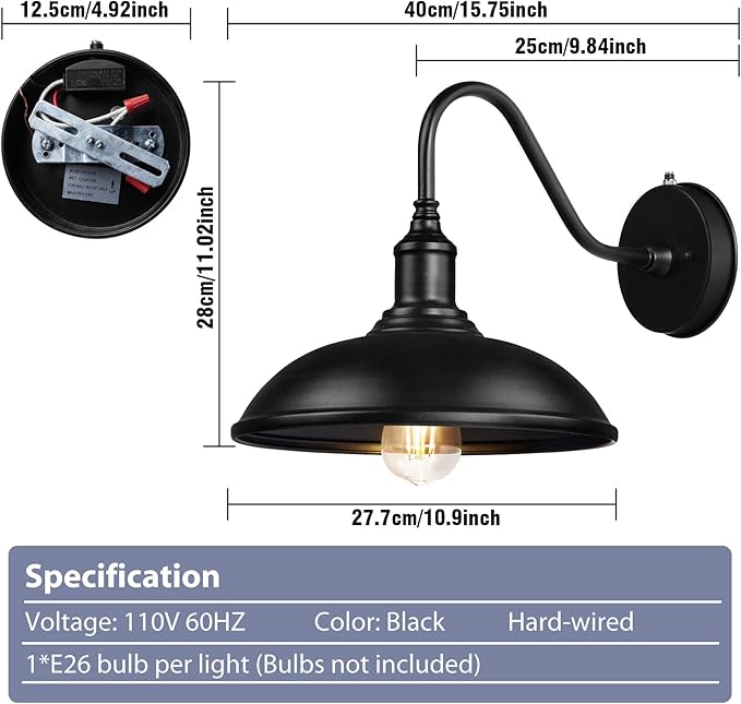 Dusk to Dawn Exterior Farmhouse Lighting Barn Light Fixture for House with Anti-ponding Bottom Outdoor Barn Light Gooseneck Lighting for Garage Patio Porch (10.9 Diameter 1 PC)