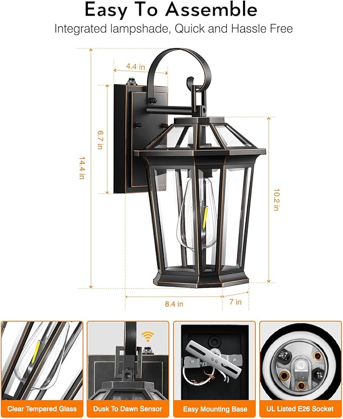 VIANIS Dusk to Dawn Outdoor Wall Lighting Black Waterproof Exterior Lighting Fixtures for House 100% Anti-Rust Aluminum Modern Outside Coach Light Fixture Wall Mount for Porch Garage Front Door