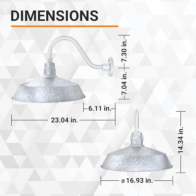 17in. Galvanized Finish Outdoor Gooseneck Barn Light Fixture with 14.5 in. Long Extension Arm - Wall Sconce Farmhouse Vintage Antique Style - UL Listed - 9W 900lm A19 LED Bulb (5000K Cool White)