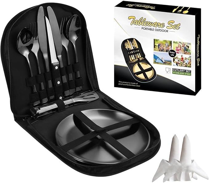 Camping Mess Kits with Portable Case Stainless Steel Outdoor Picnic Dinnerware Set with Plate Spoon Fork Knife Cloth Napkins