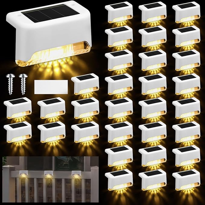 Geelin 32 Pcs Solar Deck Lights Outdoor Waterproof LED Solar Step Fence Lights for Stairs Step Railing Patio Driveway Garden Pathway and Yard(White Shell Warm White Light)